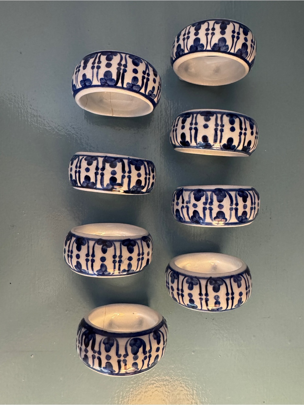 Vintage Hand-Painted Ceramic Napkin Rings White Blue Floral Footed Set of 8
